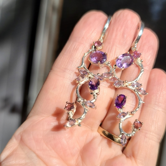 Amethyst & tourmaline STUNNING NEW sterling & gold dramatic earrings - Picture 3 of 6